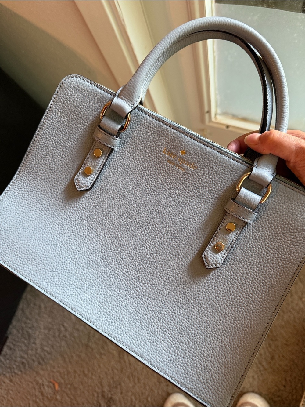 kate spade pebble leather satchel in light gray with gold hardware